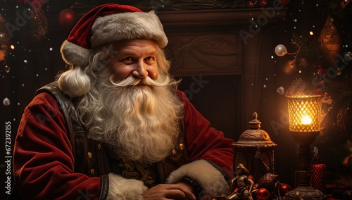close up portrait of happy Santa at his desk, Generative Ai