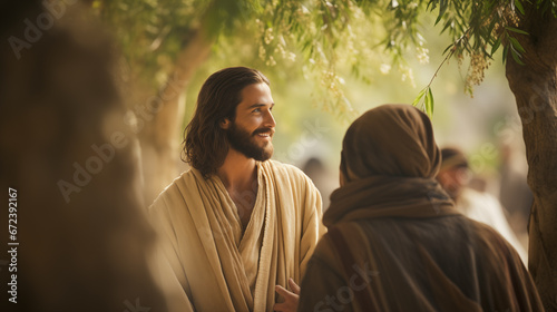 Fotografia The moment of Jesus talking to Zacchaeus, the tax collector, Life of Jesus, blur