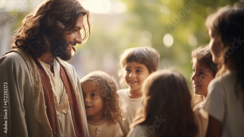 Jesus with children around Him  depicting the  Let the little children come to me  moment  Life of Jesus  blurred background  with copy space