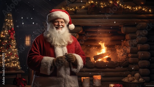 close up portrait of happy Santa on house with fireplace background, Generative Ai