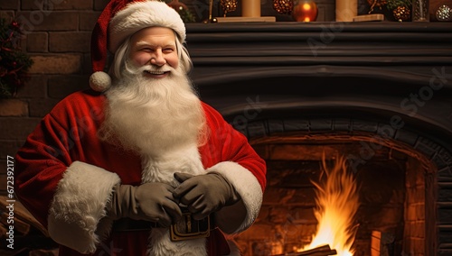 close up portrait of happy Santa on house with fireplace background, Generative Ai