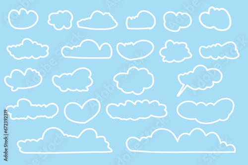 Set vector Cartoon Cloud with Red Shadow. White Cloud Collection Isolated in Blue sky