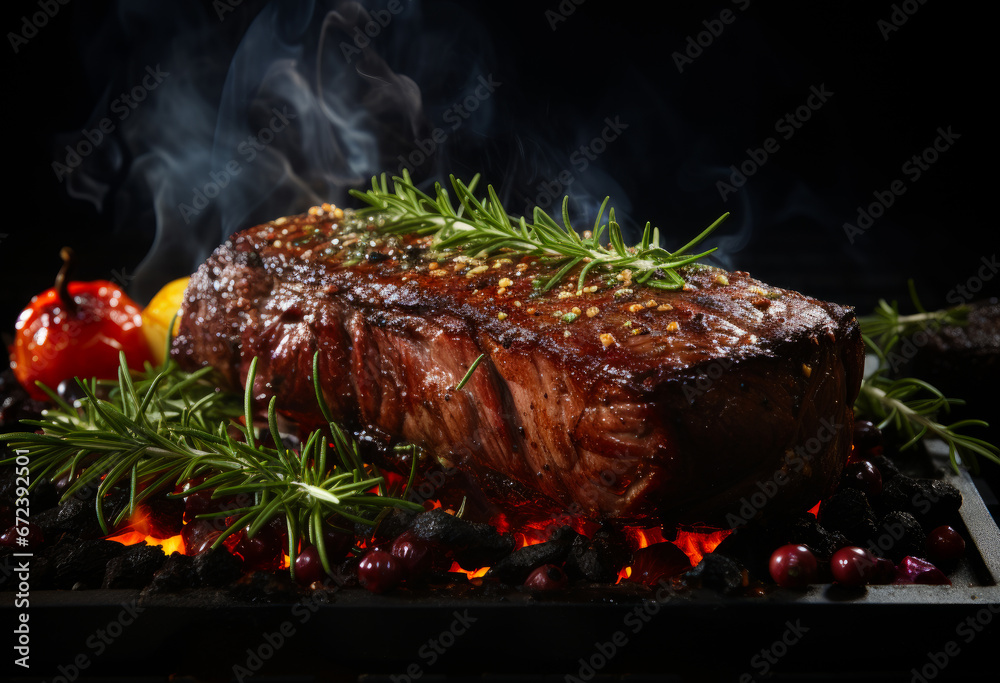 Delicious Juicy Steak with Fresh Rosemary Sprig for a Mouthwatering Culinary Experience
