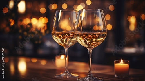 A close-up of two wine glasses on a wooden table.