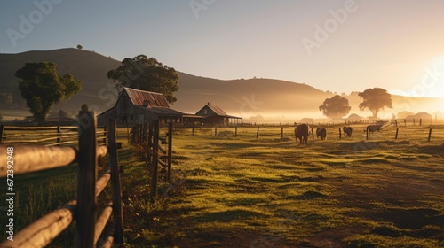 Close up fence with sunrise over grassy rural landscape. photo