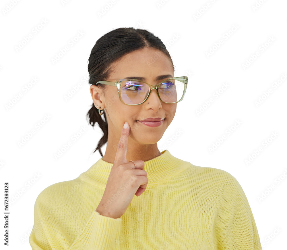 Woman, smile and glasses with thinking, problem solving and vision isolated on png transparent background. Ideas, eyewear or happy model brainstorming with hand on face in fashion or mindfulness Woman, smile and glasses with thinking, problem solving and vision isolated on png transparent background. Ideas, eyewear or happy model brainstorming with hand on face in fashion or mindfulness