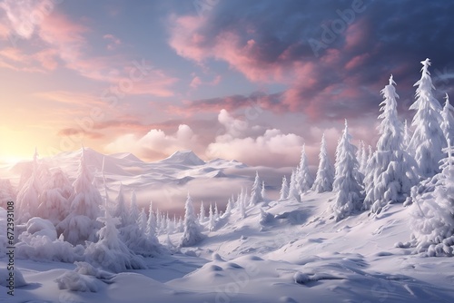 Winter Wonderland:  Snowy Countryside at Sunset with trees covered with snow © George Designpro