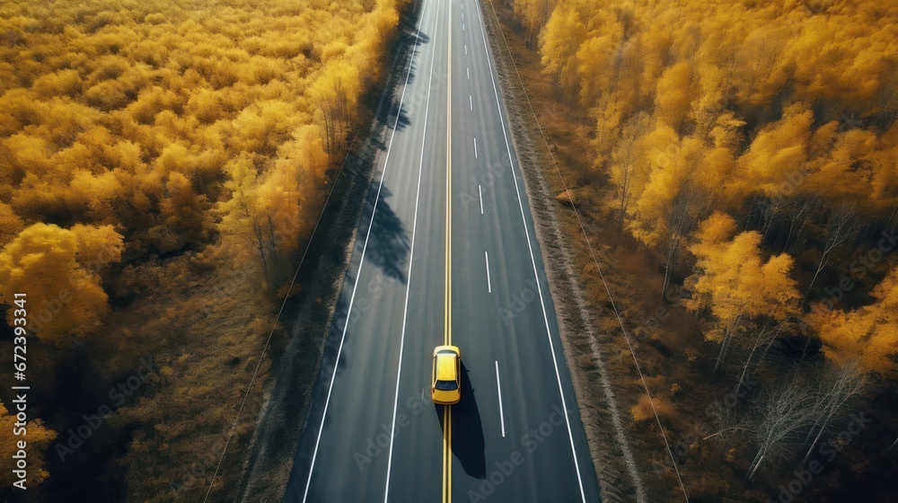 Drone corner with highway, yellow cars and road in autumn