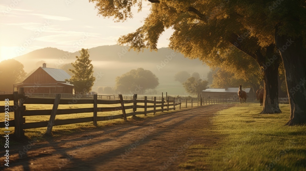 Obraz premium Close up fence with sunrise over grassy rural landscape.
