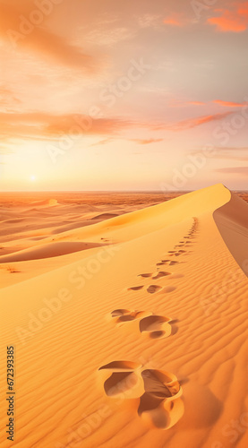 a landscape of orange dunes in the desert with footprints  in the style of romantic atmosphere