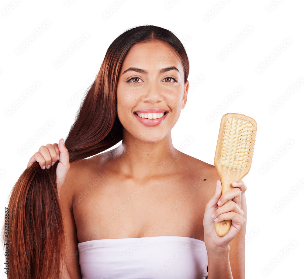 Hair care, brush and portrait of happy woman, touch and salon treatment isolated on a transparent png background. Person comb hairstyle, face and healthy cosmetics, hairdresser and natural beauty Hair care, brush and portrait of happy woman, touch and salon treatment isolated on a transparent png background. Person comb hairstyle, face and healthy cosmetics, hairdresser and natural beauty