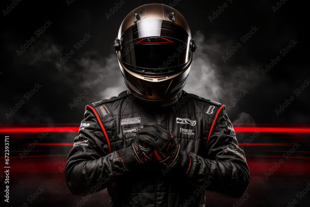 Male Racer wearing racing suit and helmet, with dark background - obrazy, fototapety, plakaty 