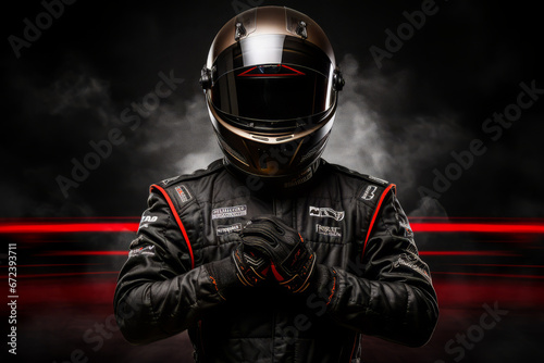 Vászonkép Male Racer wearing racing suit and helmet, with dark background