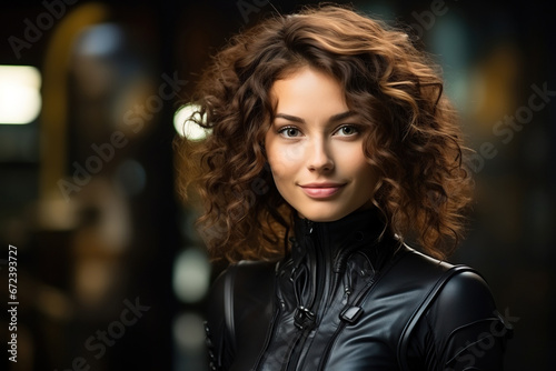 Portrait of a beautiful young woman with curly hair in a black leather suit