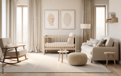 Contemporary Scandinavian-style nursery with a neutral color palette and modern furnishings © AI_images