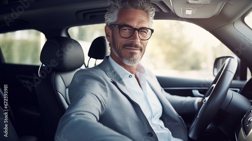 Elegant modern trendy middle age male in a luxury car © AI_images