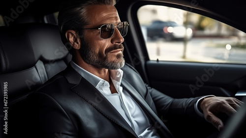 Elegant modern trendy middle age male in a luxury car