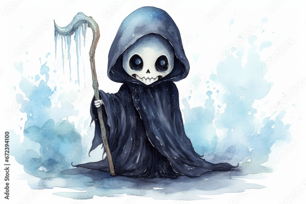 Obraz premium A cute, stylized grim reaper with frozen scythe and sad expression