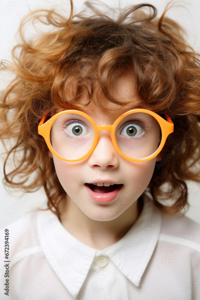 Funny looking child girl wears futuristic eyeglasses, on white background. Funny looking child girl wears futuristic eyeglasses, on white background.