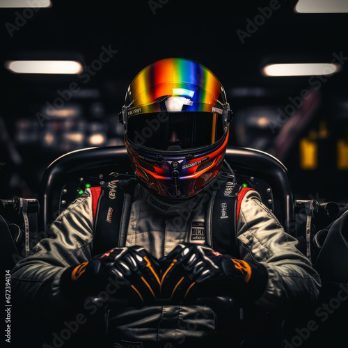 Male Racer wearing racing suit and helmet, with dark background photo