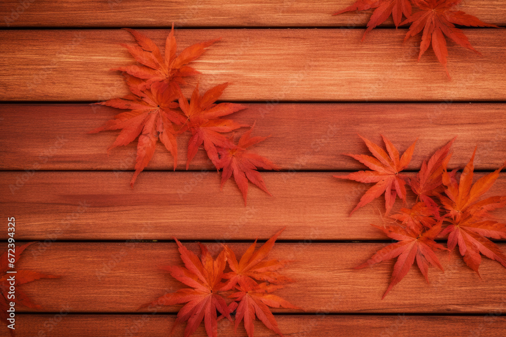 Fototapeta premium Horizontal boards for wall texture of light Japanese maple material, leaves scattered over boards