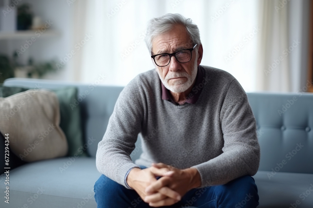 Confused senior retired grandfather worrying about difficult life decision, copy space, old people solitude Confused senior retired grandfather worrying about difficult life decision, copy space, old people solitude
