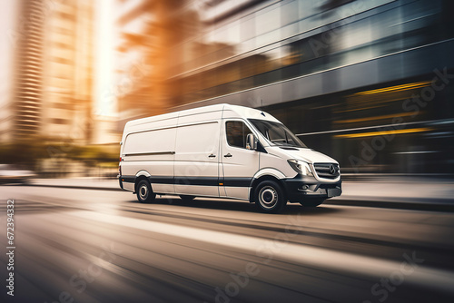 Fast moving van blur modern building background photo