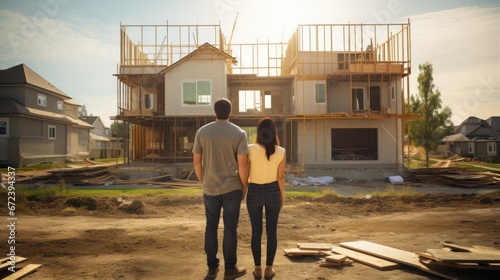 Back view of couple looking at house under construction, family planning
