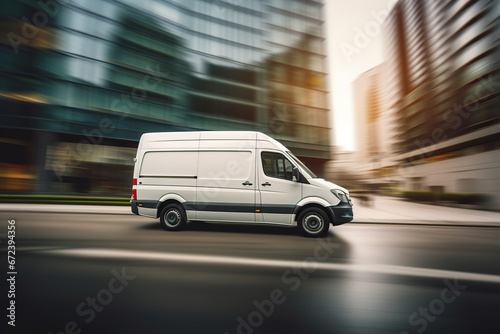 Fast moving van blur modern building background