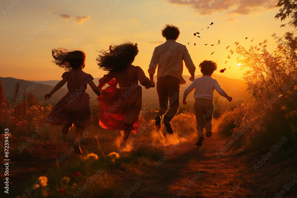 Happy large family: mother, father, children son and daughters running on nature on sunset - obrazy, fototapety, plakaty 