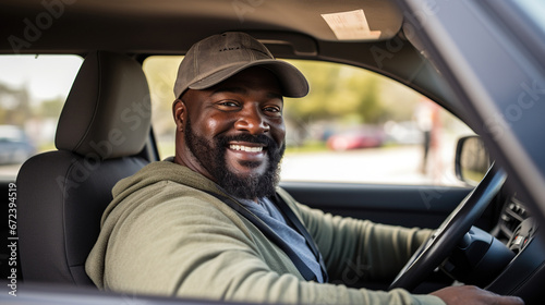 Middle - aged African - American man with a beard driving a pickup truck looking at camera