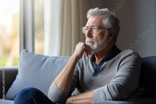 Pensive mature Caucasian grey-haired man relax on sofa in living room look in distance thinking dreaming. Thoughtful senior 70s grandfather rest on couch at home photo