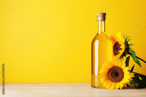 A bottle of sunflower oil and sunflower on yellow background. photo