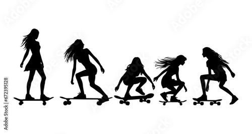 cool illustration. silhouette of a girl on a skateboard. Street sports.