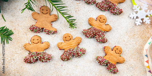 gingerbread man christmas cookie christmas sweet dessert holiday baking treat new year and celebration meal food snack on the table copy space food background