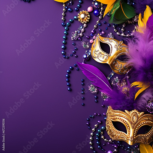 Mardi gras accessories flat lay on bright pink background, top view, copy space. frame with traditional mardi gras