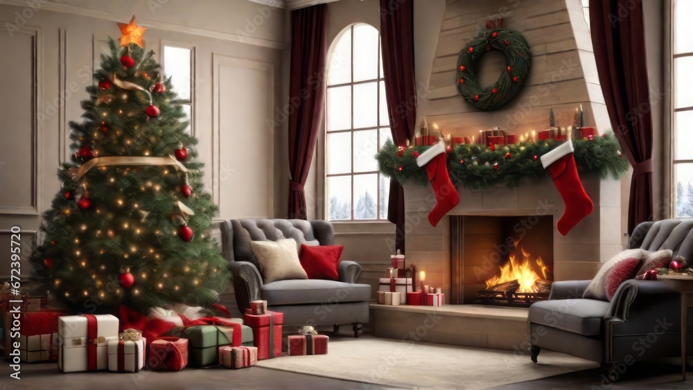 Christmas Living Room Background. Stylish Interior Design. Generative AI.
