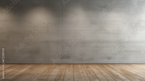 Modern Minimalism: Empty Room with Concrete Wall and Wooden Panel Floor. Generative ai
