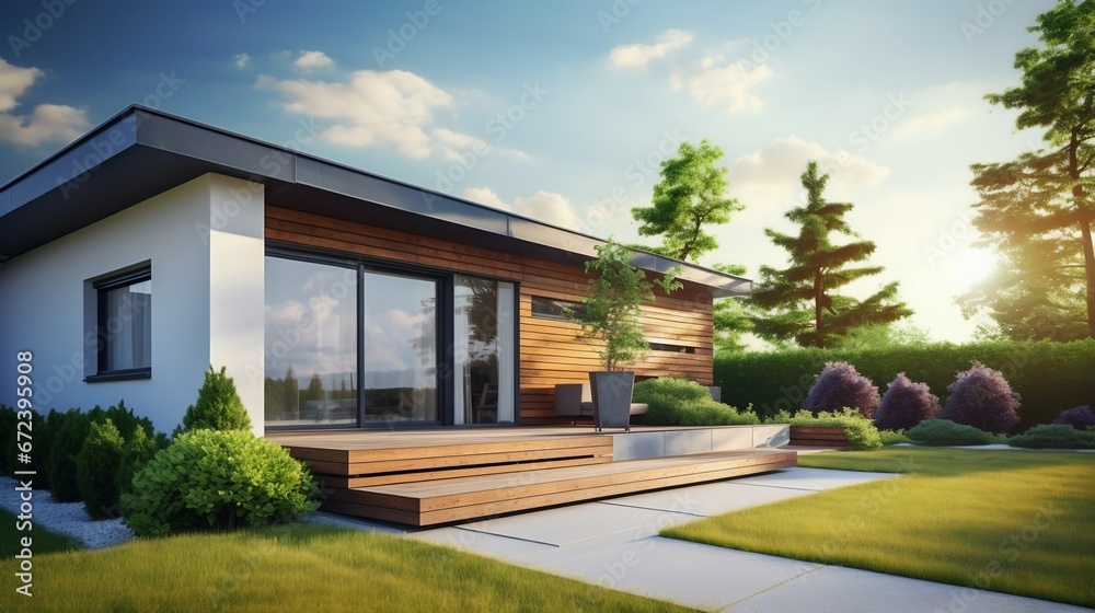 Sunlit Splendor: Vibrant and Welcoming Home Exterior. Generative ai