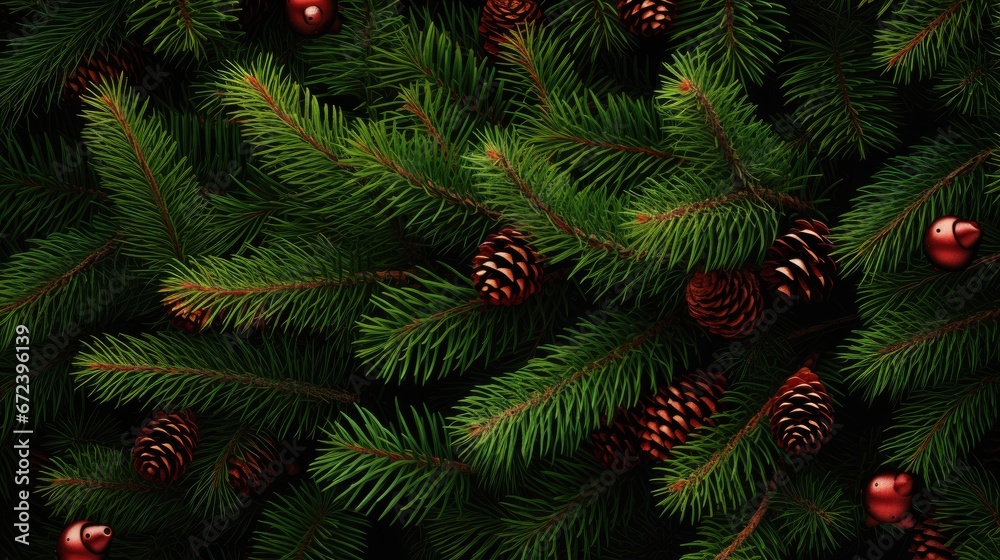 Christmas fir tree background with cones 