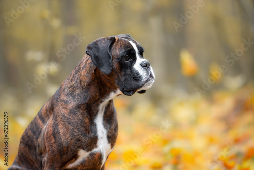 Brindle Boxer sitting in the autumn forest, around yellow maple leaves, orange and red colors of nature, blurry background  © Mariya