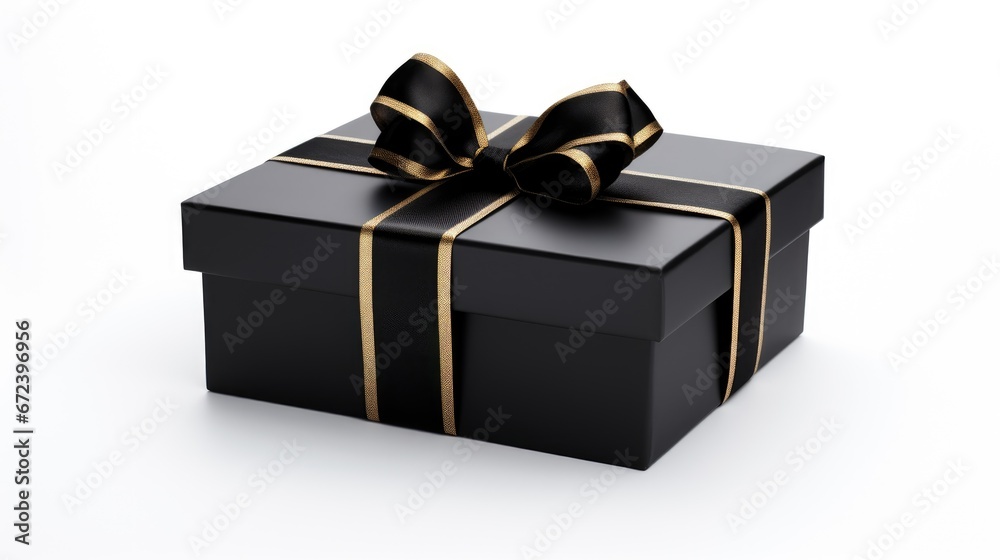 Black gift box with ribbon and bow on isolated white background Black gift box with ribbon and bow on isolated white background