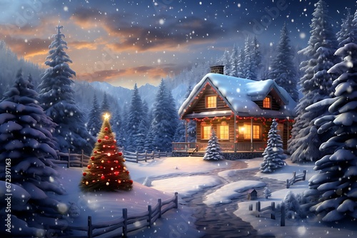 Winter Wonderland: A Cozy Cabin Amidst a Colorful Snowscape
