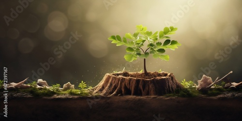 New Life Emerges: Young Sapling Growing from an Ancient Stump. Generative ai