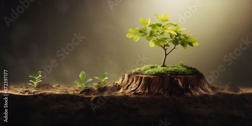 New Life Emerges  Young Sapling Growing from an Ancient Stump. Generative ai