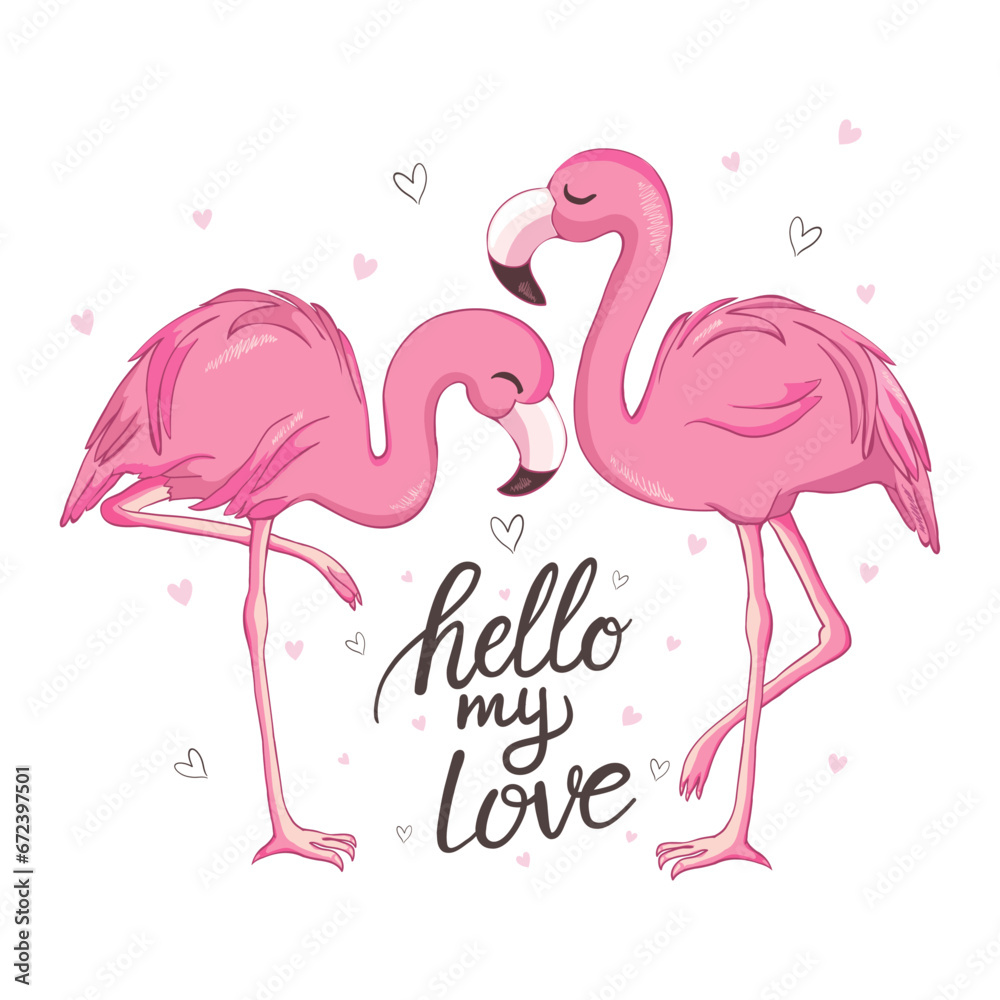 Obraz premium Love Flamingos. Hand drawn vector illustration of two flamingos kissing with necks in the shape of a heart.