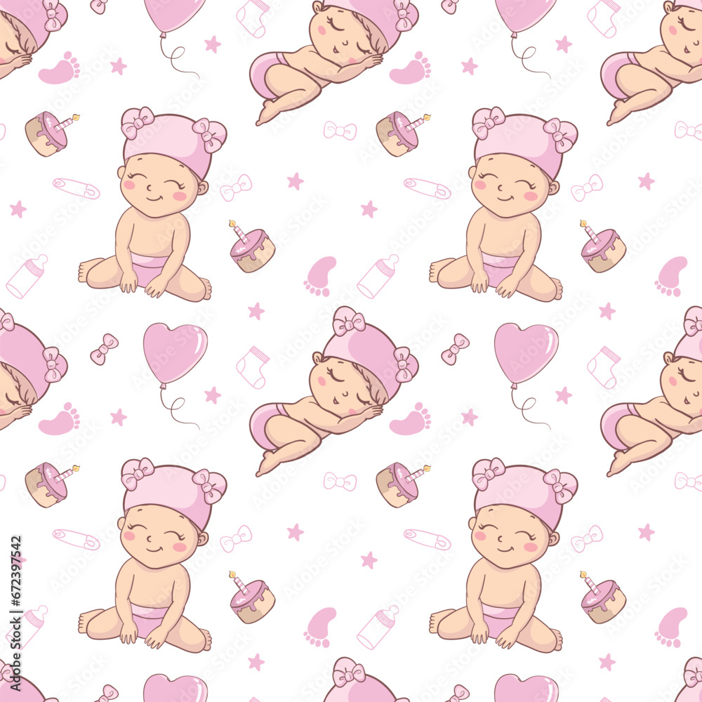 Children's seamless pattern with cute baby in Scandinavian style.
