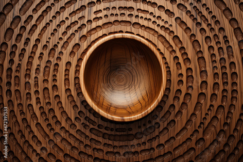 Wooden texture with carved and burned designed  circular thrown bowl of concentric designs  surface material