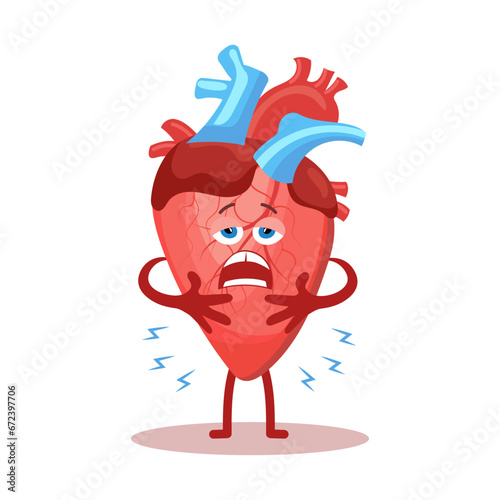 Cute cartoon crying unhealthy human heart character. Human anatomy, medical concept. Illustration, icon, vector