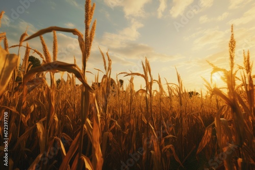 Dry corn field in the sunset day ready to harvast. 